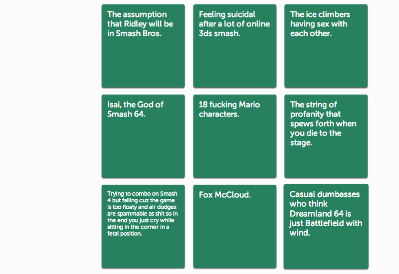Illustration for article titled Smash Bros. Fans Have Some Great Ideas For Cards Against Humanity